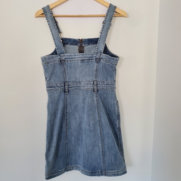 AMERICAN EAGLE Sz 6 Blue Denim Jean Overall Mini Dress Front Zip Straps Stretch - Picture 9 of 14